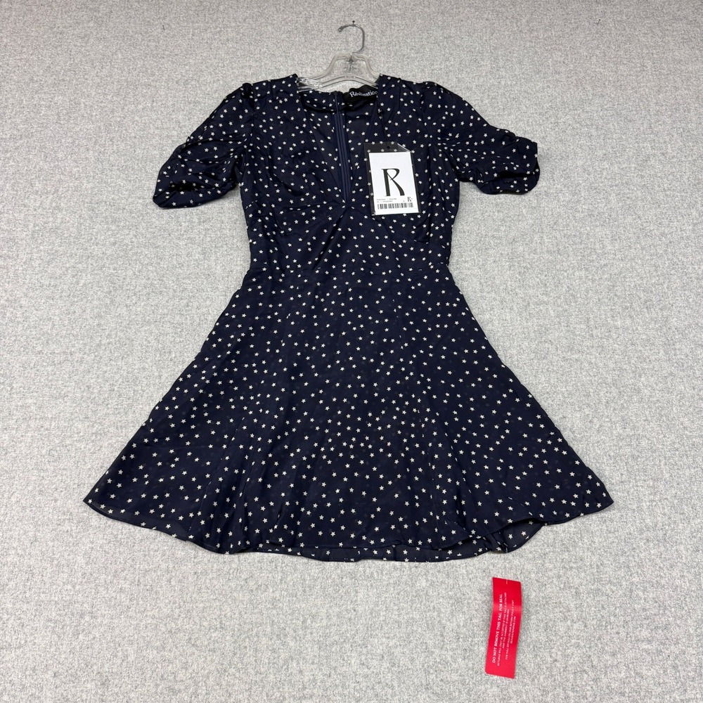 Realisation Par The Capulet Dress XS Navy Star Silk Mini V-Neck Puff Sleeve NWT
